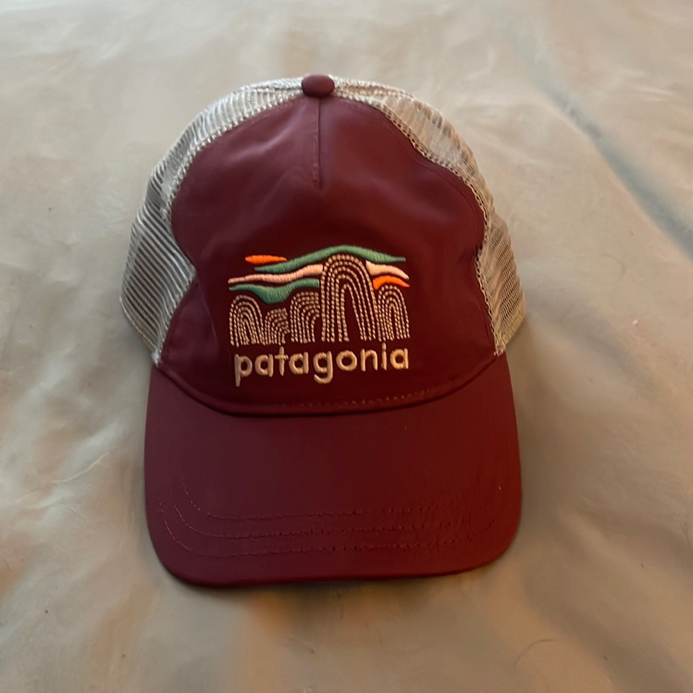 Patagonia Maroon and Beige Mesh Trucker Hat with Multicolor Embroidered Logo